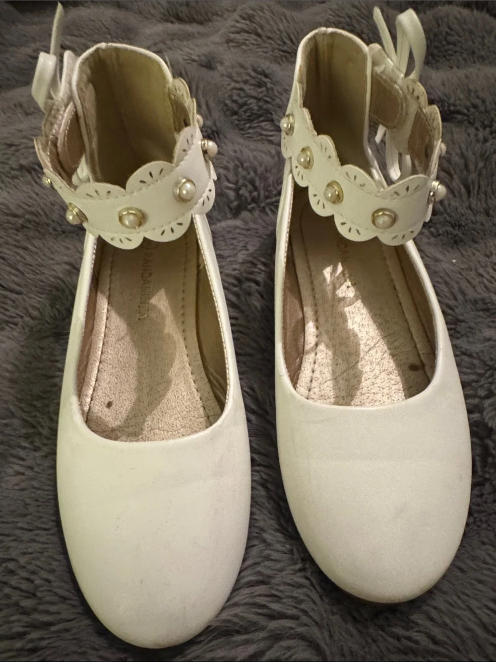 Girls White Dress Ballet Flats with Pearl Ankle Strap